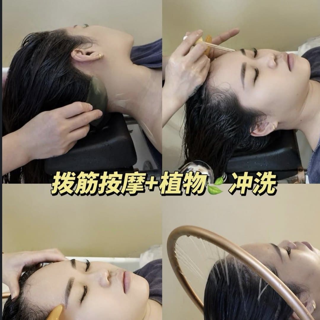 Scalp massage and herbal rinse during a head spa treatment