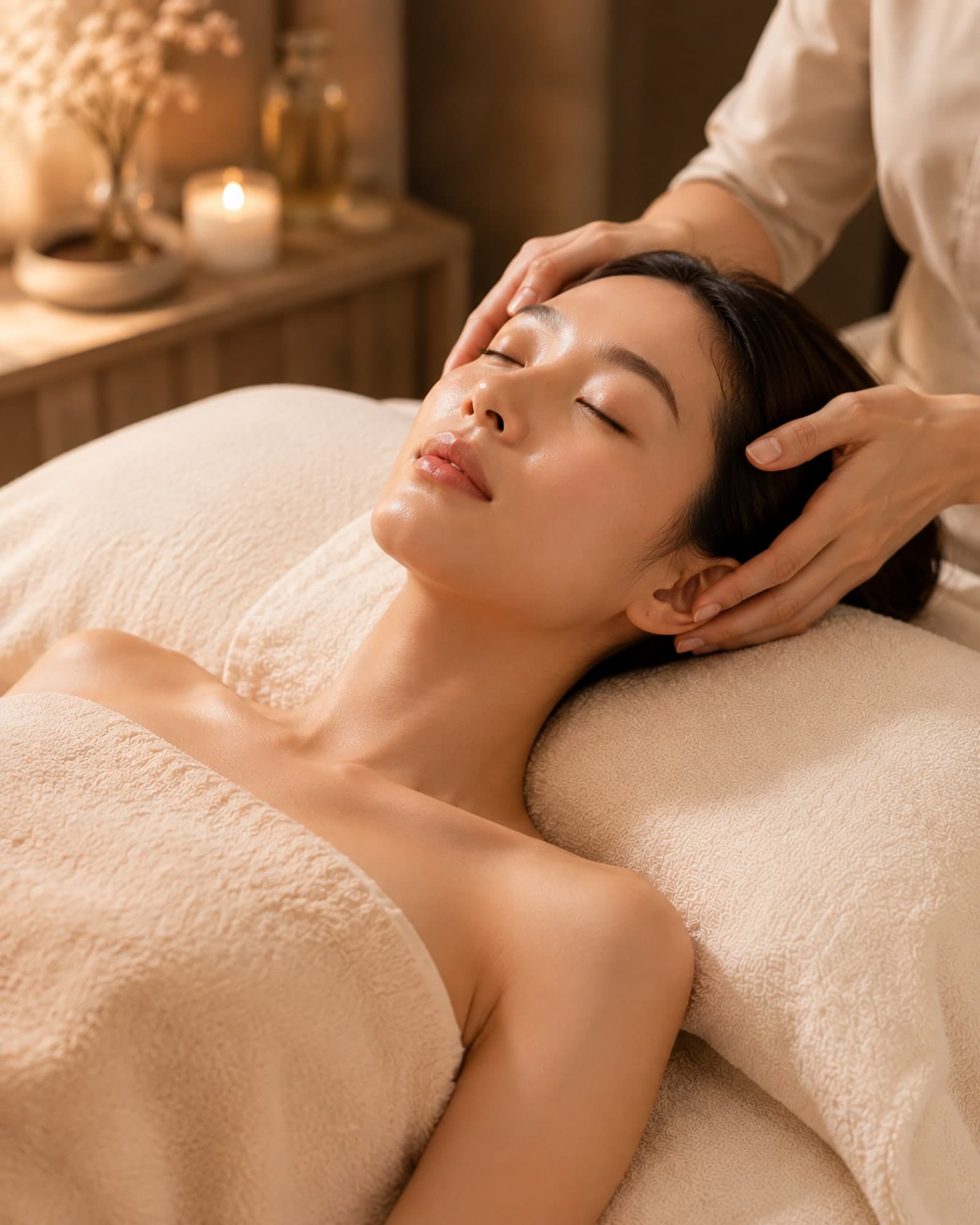Warm, tranquil composition representing head spa treatments