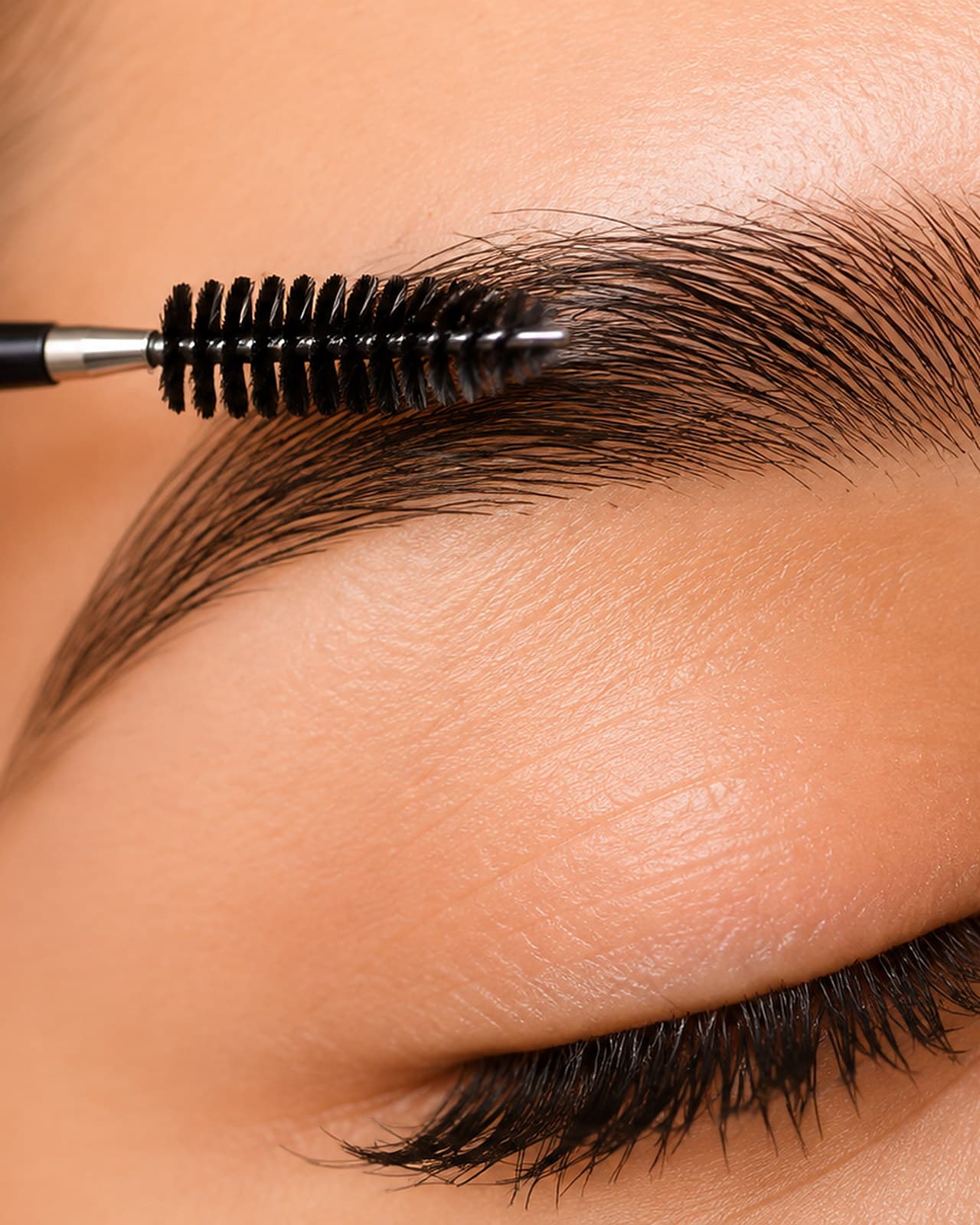 Close-up of a brow being groomed with a spoolie brush, framing a softly closed eye